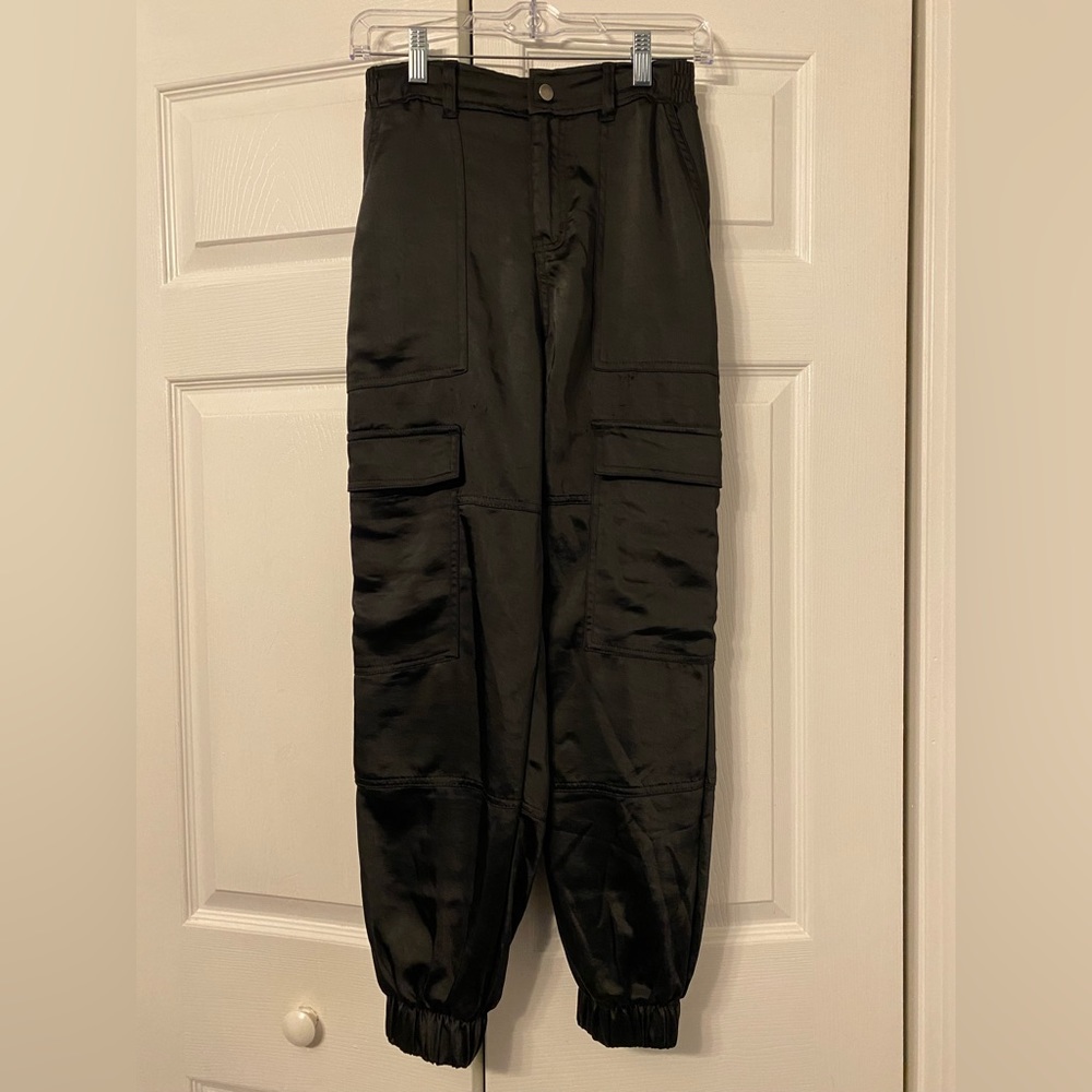 Wild Fable black satin cargo pants button up elastic waist and ankle size XS